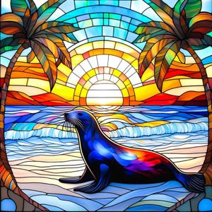 Stained Glass Sea Lion on Beach Fabric Quilt Block Square Watercolor Sunset Palm Trees Ocean Waves Life Seal Panel