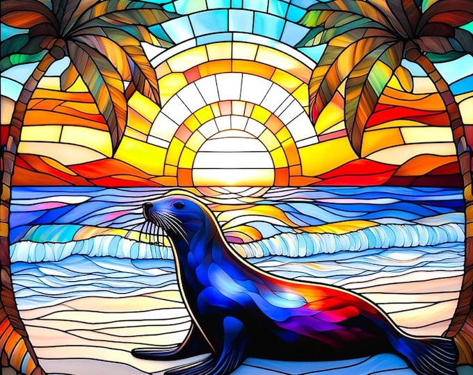 Stained Glass Sea Lion on Beach Fabric Quilt Block Square Watercolor Sunset Palm Trees Ocean Waves Life Seal Panel