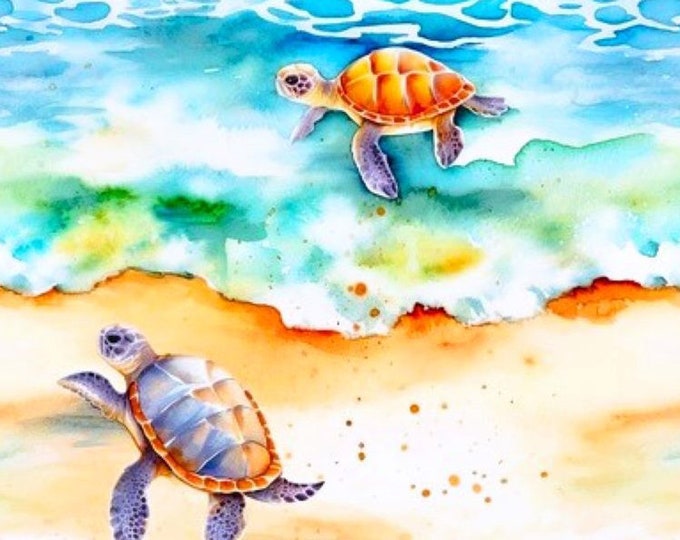 Time For a Swim Watercolor Sea Turtles at the Beach Fabric Panel Quilt Square Turquoise Blue Ocean Water Sand