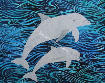 Two Dolphins Swimming Fabric Quilt Square Blue Ocean Organic Cotton Coastal Beach Sea Life Panel Block