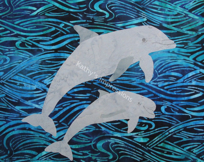 SALE Two Dolphins Swimming Fabric Quilt Square Blue Ocean Organic Cotton Coastal Beach Sea Life Panel Block