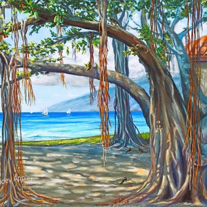 Banyan Tree Heart of Lahaina Maui Fabric Quilt Square Panel Hawaiian Landmark Beach Ocean Sailboats