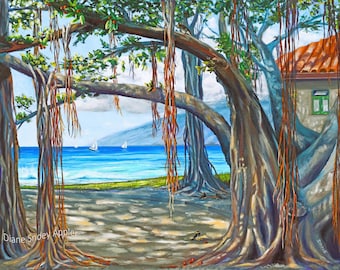 Banyan Tree Heart of Lahaina Maui Fabric Quilt Square Panel Hawaiian Landmark Beach Ocean Sailboats