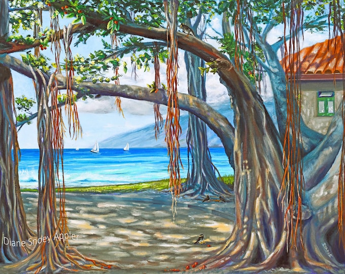 Banyan Tree Heart of Lahaina Maui Fabric Quilt Square Panel Hawaiian Landmark Beach Ocean Sailboats