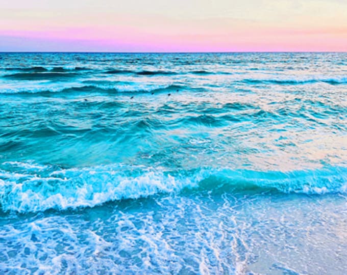 Tropical Seashore Turquoise Ocean Water Waves Fabric Panel Quilt Square Coastal Beach Sand Sea Sunset Sky