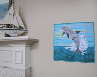 Dolphin Fabric Art Quilt Wall Hanging or Pillow Cover Coastal Beach Hand Quilted~ 18"