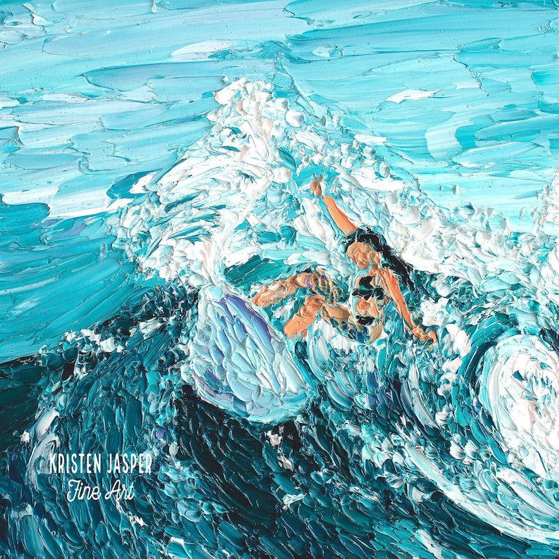 May include: A painting of a person surfing on a wave. The wave is painted in shades of blue and white, with the person in the wave wearing a black swimsuit. The painting is done in a thick, textured style, giving it a three-dimensional look.