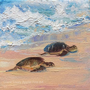 Sea Turtle Babies on Beach Sand Fabric Panel Quilt Square Hawaiian Honu Keiki Coastal Ocean Waves Splashing