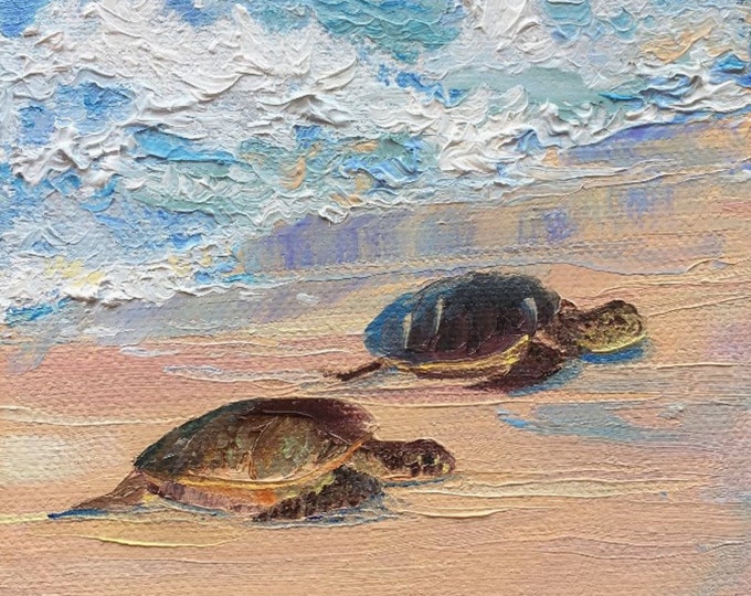 Sea Turtle Babies on Beach Sand Fabric Panel Quilt Square Hawaiian Honu Keiki Coastal Ocean Waves Splashing