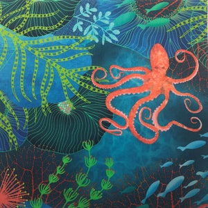 OCTOPUS Under the Sea Fabric Panel Ocean Fish ~ Octopus Fabric Quilt Square Panel ~ Sea Anemone, Coral Reef, Sea Grass Fabric