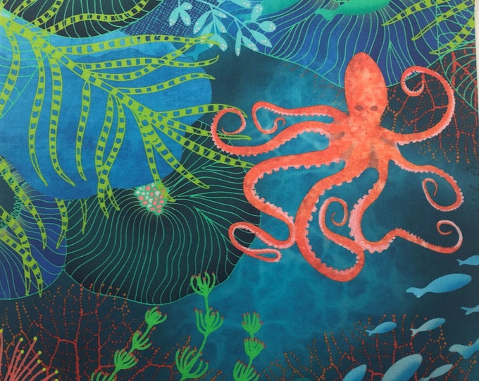 OCTOPUS Under the Sea Fabric Panel Ocean Fish ~ Octopus Fabric Quilt Square Panel ~ Sea Anemone, Coral Reef, Sea Grass Fabric