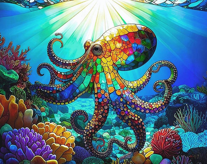 Stained Glass Fabric Panel Octopus Quilt Block Beach Coastal Wall Hanging Nautical Sewing Project Square Fractured Design Underwater Sea