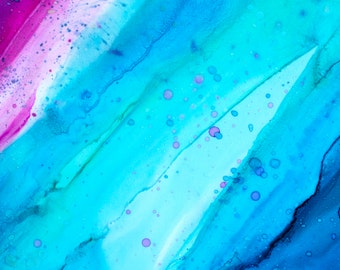OCEAN WAVE Alcohol Ink Fabric Watercolor Water Beach Blue Aqua Turquoise Pink Color Pop~ 10.5" Ocean Fabric Quilt Square Block