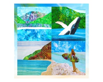 SALE Hawaii Ana 5" Fabric Quilt Block Tropical Beach Humpback Whale Surfer Girl Hanalei Bay Mountains ~ Choice of Charm Square