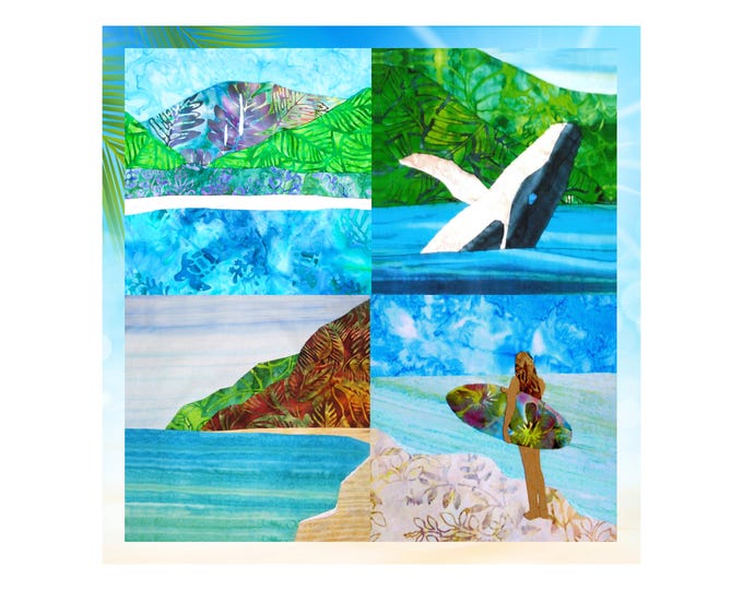 SALE Hawaii Ana 5" Fabric Quilt Block Tropical Beach Humpback Whale Surfer Girl Hanalei Bay Mountains ~ Choice of Charm Square
