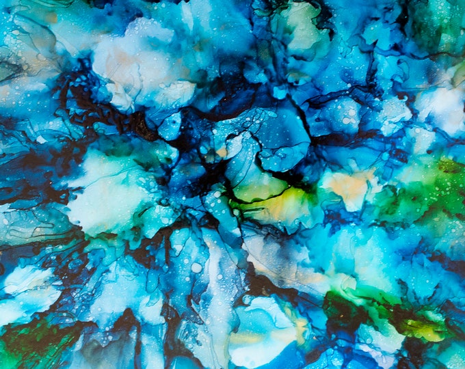 WATERCOLOR OCEAN Water Tsunami Water Coastal Seaside Tropical Beach Alcohol Ink Fabric Quilt Panel or Yard