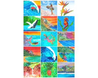 Original Hawaii Ana Quilt Fabric Wholecloth Tropical Beach Surfer Hula Dancer Ocean Wave Seahorse Mermaid Humpback Whale Pineapple Panel