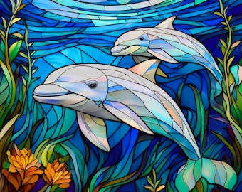 Stained Glass Dolphins Swimming Under the Sea Fabric Quilt Block Square Beach Coastline Ocean Fractured Watercolor Panel