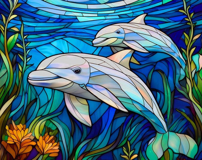 Stained Glass Dolphins Swimming Under the Sea Fabric Quilt Block Square Beach Coastline Ocean Fractured Watercolor Panel