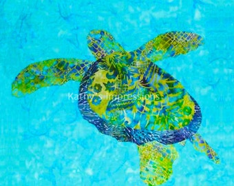 Sea Turtle Swimming in Ocean Fabric Quilt Square Block - 5" Fabric Charm Square Cool Blue Green Sea Turtle
