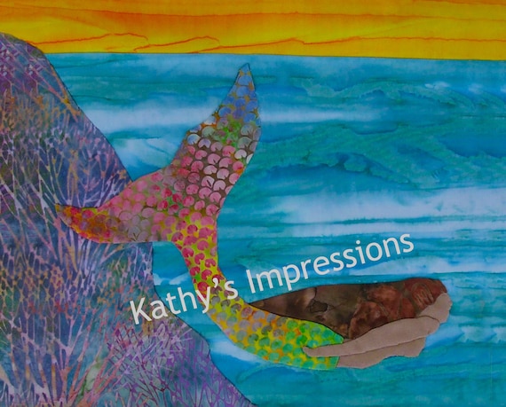 MERMAID Fabric Quilt Square Ocean Reef Swimming Blue Sunset Batiks Purple Panel