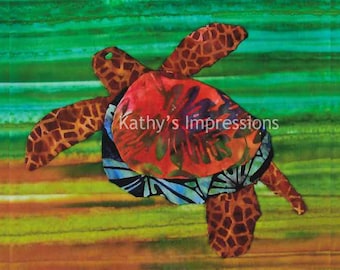 SALE Tropical Sea Turtle Fabric Velvet Panel Hawaiian Honu Brown Green Ocean for Making Pillow or Wall Hanging