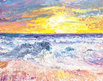 SALE Watercolor Beach Sunset Ocean Printed Fabric Quilt Square Based on Oil Painting Promise Me Panel Block