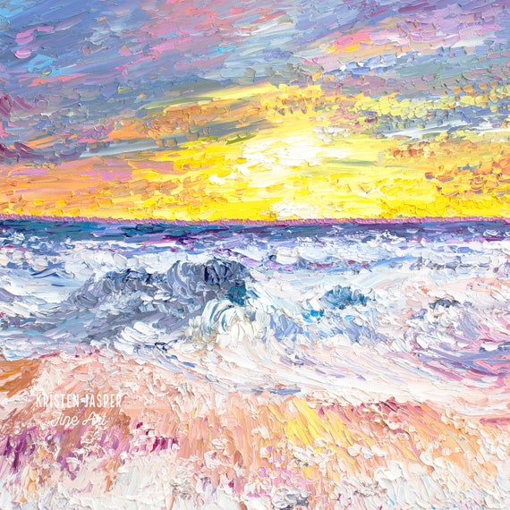 水彩画ビーチサンセットファブリックキルトスクエア：海の絵画パネル