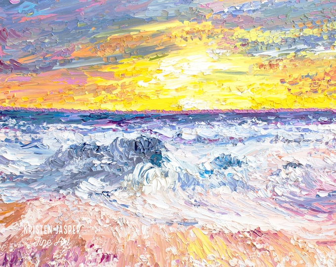 SALE Watercolor Beach Sunset Ocean Printed Fabric Quilt Square Based on Oil Painting Promise Me Panel Block