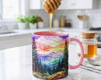 Idyllic Mountain Forest Watercolor Sunset Coffee Mug Good Friends Great Adventures Stained Glass Pink Accent 11 oz Birthday Christmas Gift