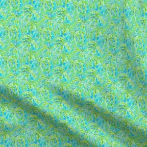May include: A seamless pattern featuring a repeating design of stylized palm trees in shades of green, blue, and white on a light blue background.