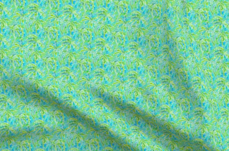 May include: A seamless pattern featuring a repeating design of stylized palm trees in shades of green, blue, and white on a light blue background.