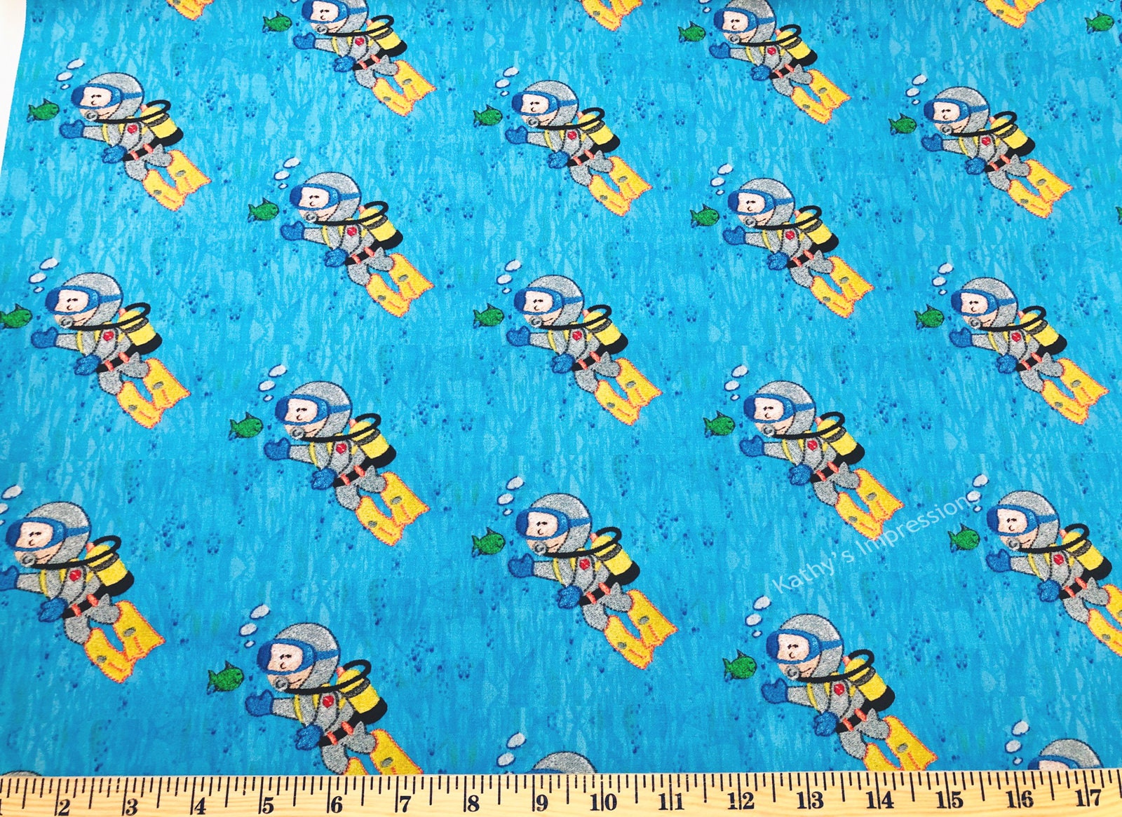 SCUBA DIVER Boy Fabric Blue Ocean Water Bubbles Sea Grass Green