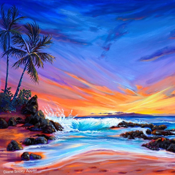 Secluded Beach Brilliant Sunset Purple Orange Yellow Sky Ocean