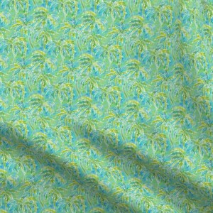 May include: A seamless pattern featuring a repeating design of stylized palm trees in shades of green, blue, and white on a light blue background.