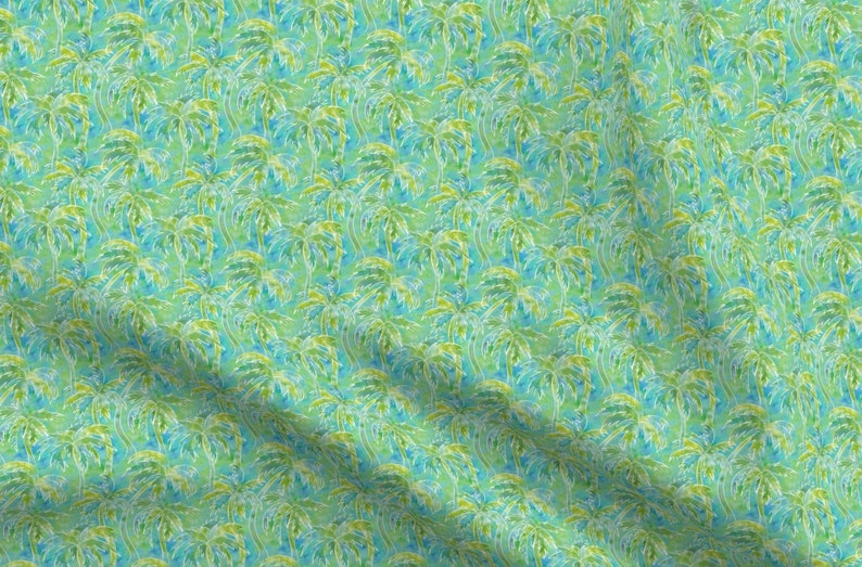 May include: A seamless pattern featuring a repeating design of stylized palm trees in shades of green, blue, and white on a light blue background.