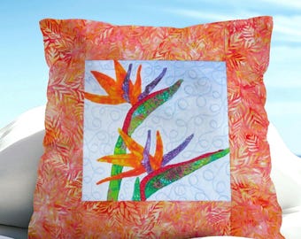 Orange Bird of Paradise Quilted Pillow Cover Coastal Beach Batik Fabric Hawaiian ~ Fits 18" Insert