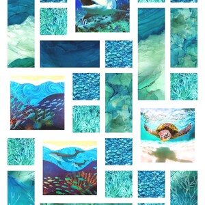May include: A collage of rectangular panels featuring various underwater scenes, including a shark, a sea turtle, whales, schools of fish, and coral reef textures in shades of blue, teal, and green, arranged on a white background.