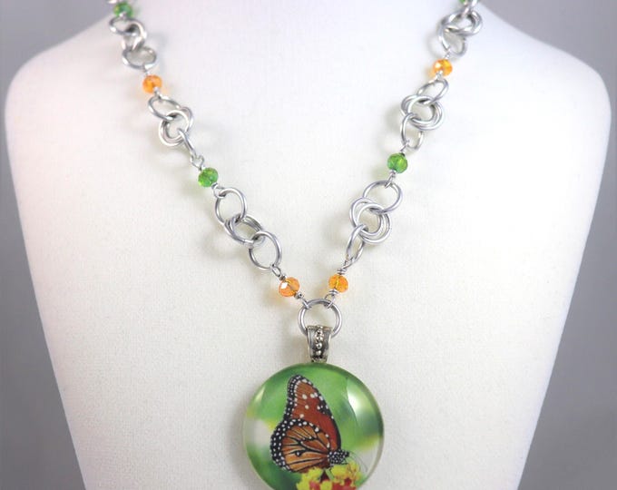 Artisan Butterfly Beaded Glass Pendant Necklace Green Orange Kamehameha Hawaii