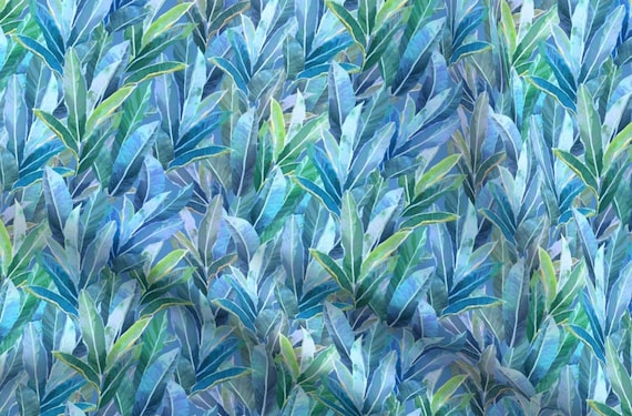 Tropical GINGER Leaves Fabric Panel Coastal Blue Green Quilt Square By The Yard~ Seaside Ocean Beach Islands Hawaii Fabric BTY