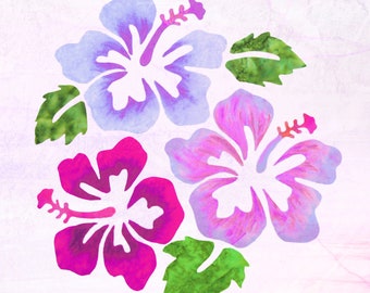 Tropical Hibiscus Flowers Fabric Quilt Square~ Hawaiian Pink Purple Watercolor Hibiscus Flowers Fabric Panel