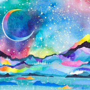 以下が含まれることがあります： 三日月、星、カラフルな山々を描いた水彩画の風景。青、紫、ピンク、黄色の鮮やかなパレットを使用し、夢のような芸術的なシーンを作り出しています。ファンタジーや宇宙をテーマにしたスタイルです。