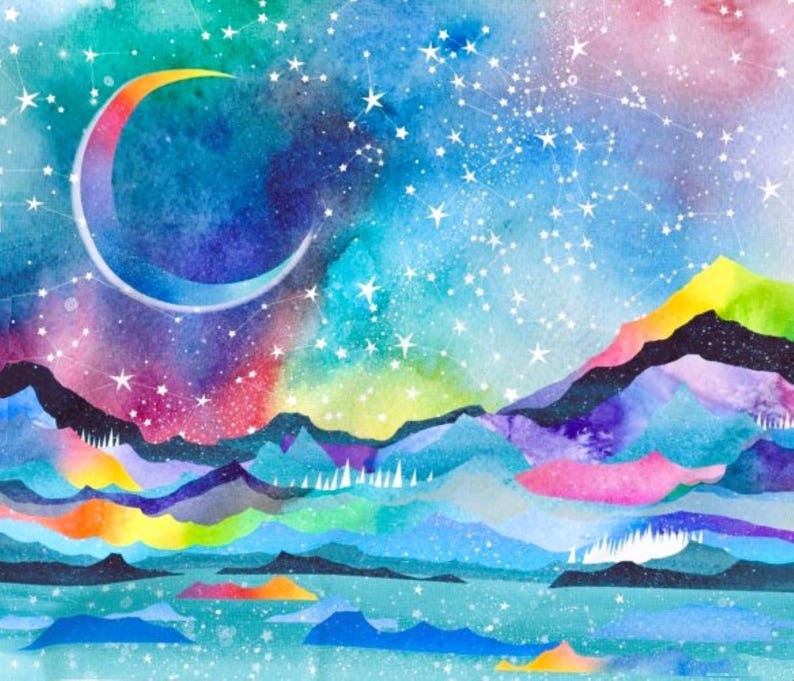 以下が含まれることがあります： 三日月、星、カラフルな山々を描いた水彩画の風景。青、紫、ピンク、黄色の鮮やかなパレットを使用し、夢のような芸術的なシーンを作り出しています。ファンタジーや宇宙をテーマにしたスタイルです。
