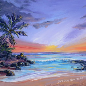 Magic Hour Secret Beach Sunset Fabric Quilt Square Panel Maui Hawaii Purple Sky Makena