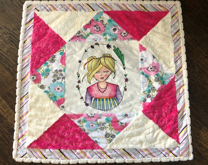 Girls Tropical MINKY Baby Quilt Blond Girl Flowers, Pink White Cuddle Blanket, Baby Shower, Crib, Play Mat, Toddler Snuggle Blanket