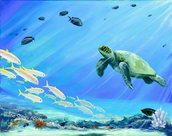 Underwater Ocean Reef Honu Sea Turtle Tropical Fish Fabric Quilt Square Panel Snorkeling Paradise