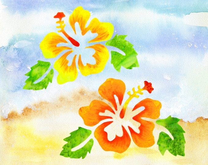 Orange Yellow Hibiscus Flowers Tropical Beach Sand Sky Fabric Quilt Square~ Watercolor Hibiscus Flowers Fabric Panel