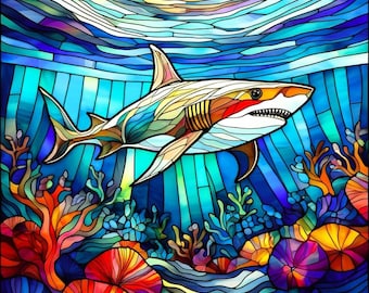 Stained Glass Shark Fabric Quilt Block Watercolor Coral Reef Turquoise Marine Design Fractured Ocean Under Sea Square Cotton Organic Panel