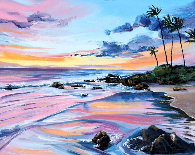 Pastel Watercolors Beach Sunset Palm Trees Fabric Quilt Square~ Polo Beach Wailea Maui Hawaiian Sunset Fabric Panel