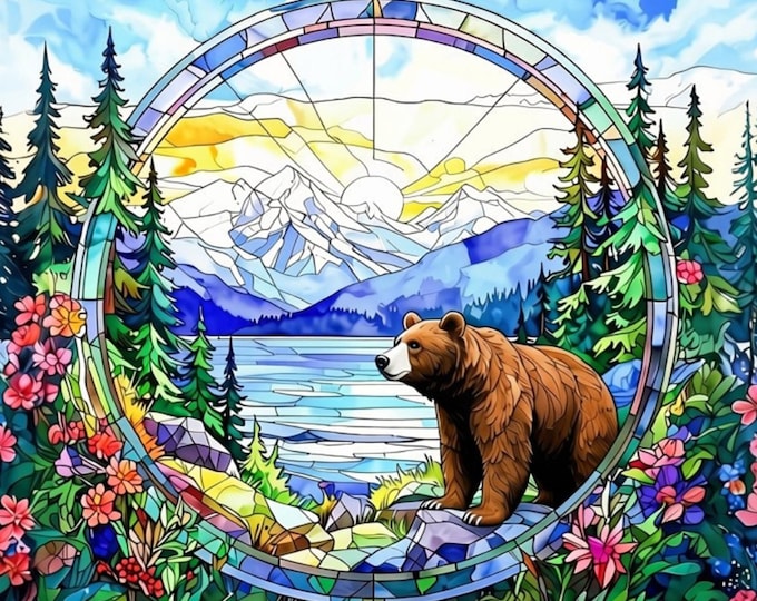 Brown Bear Fabric Panel Wildlife Watercolor Quilt Block Stained Glass Mountain Lake Wildflower Nature Landscape Organic Cotton Quilting